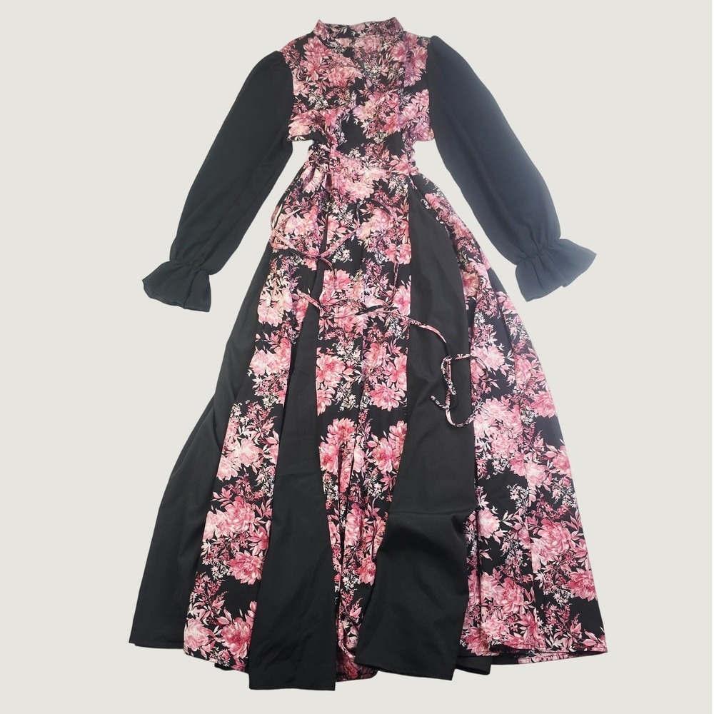 SHEIN Women's Floral Print Wrap Maxi Dress Size 6 Black Pink Long Sleeve B79